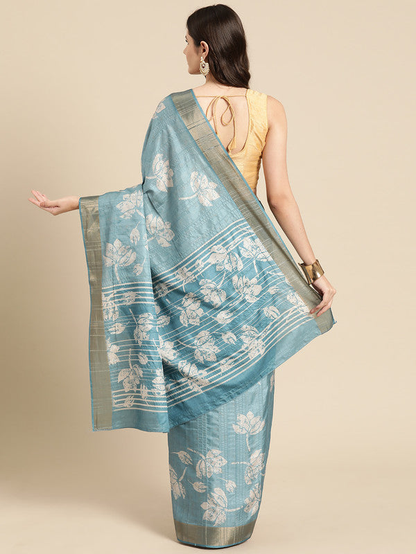 Turquoise Silk Blend Digital Print Floral Saree with Unstitched Blouse - Hiral Fashion