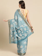 Turquoise Silk Blend Digital Print Floral Saree with Unstitched Blouse - Hiral Fashion