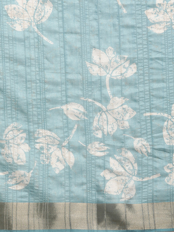 Turquoise Silk Blend Digital Print Floral Saree with Unstitched Blouse - Hiral Fashion