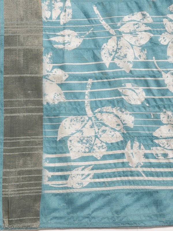Turquoise Silk Blend Digital Print Floral Saree with Unstitched Blouse - Hiral Fashion