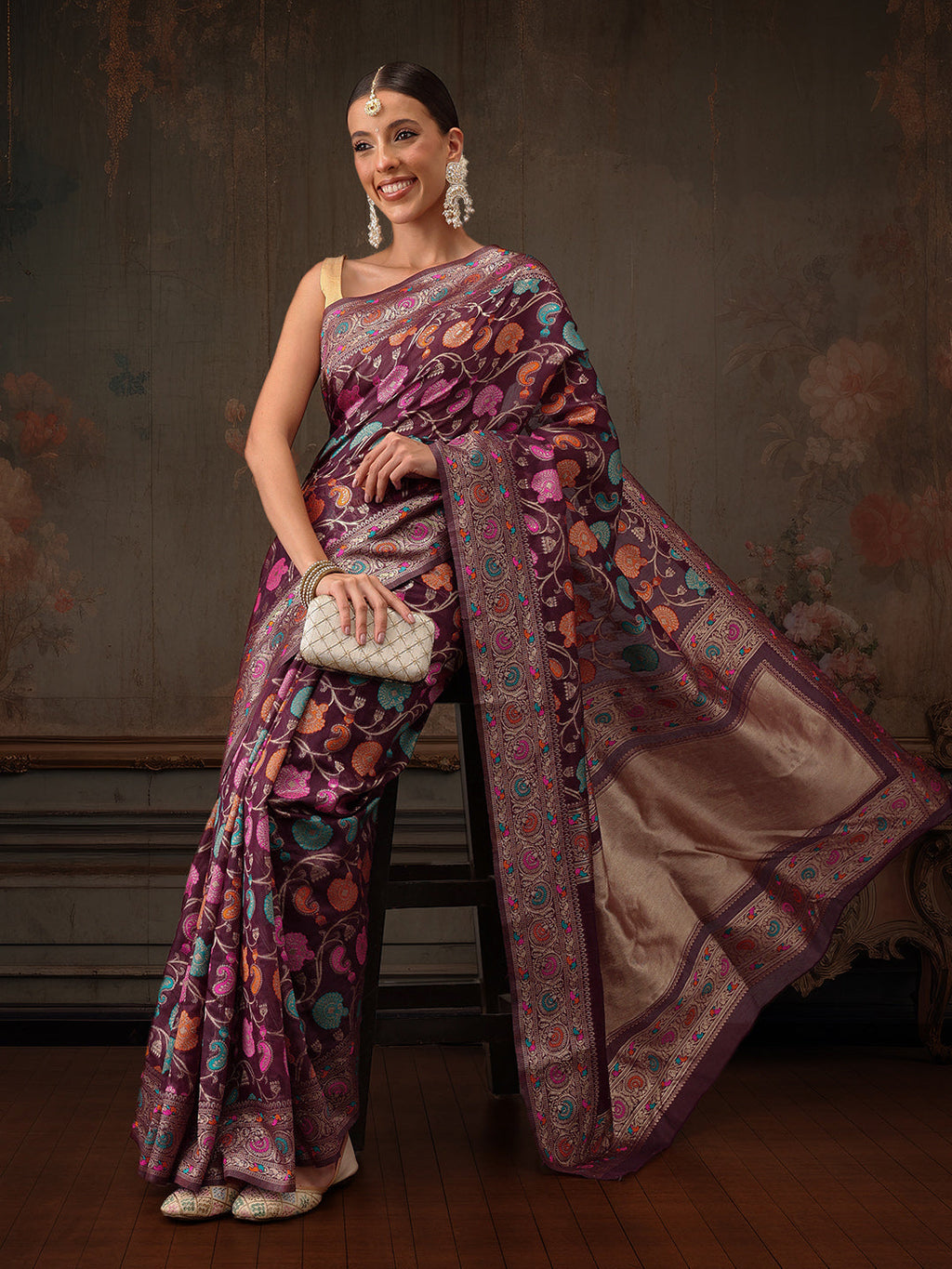Hiral Fashion Purple Jamdani Cotton Floral Woven Thread Saree