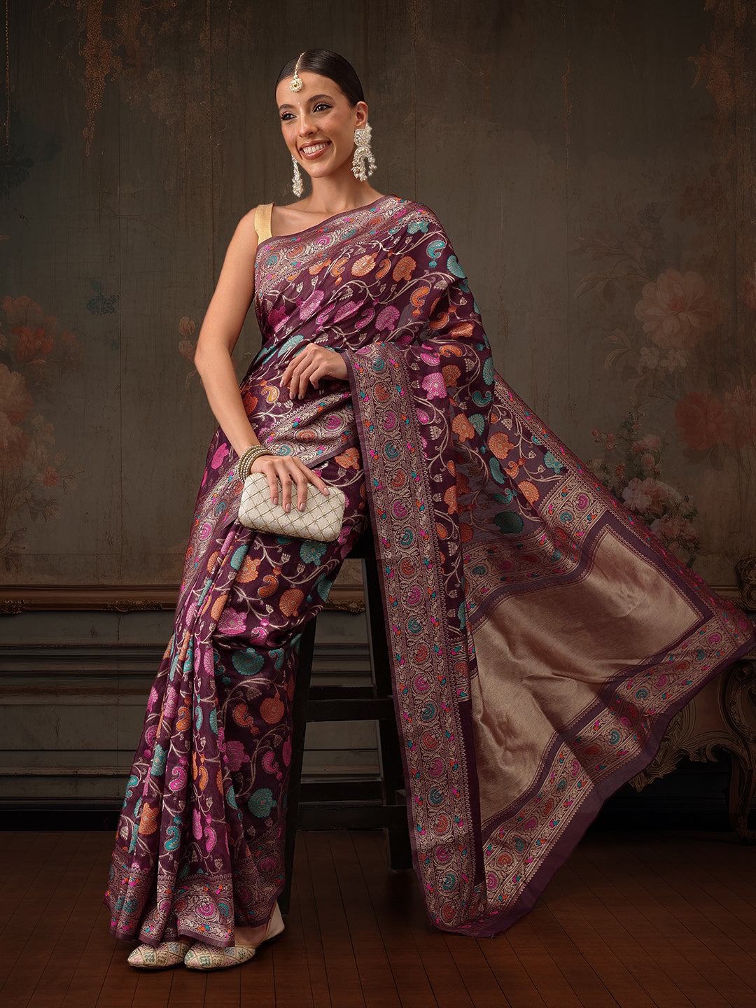 Hiral Fashion Purple Jamdani Cotton Floral Woven Thread Saree