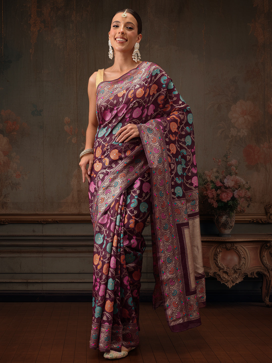 Hiral Fashion Purple Jamdani Cotton Floral Woven Thread Saree