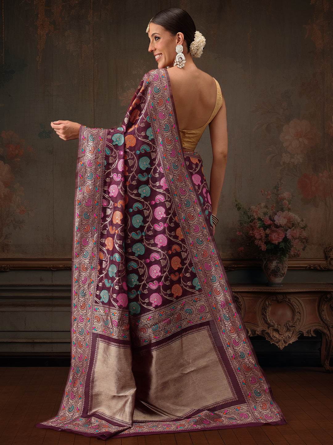 Hiral Fashion Purple Jamdani Cotton Floral Woven Thread Saree