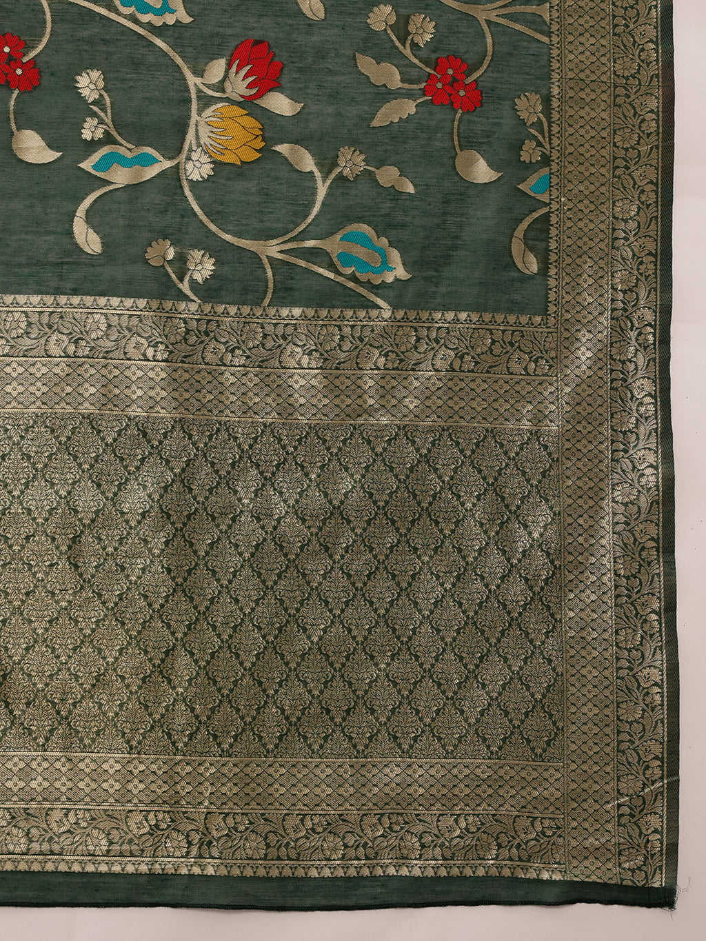 Hiral Fashion Green Jamdani Cotton Floral Woven Thread Saree