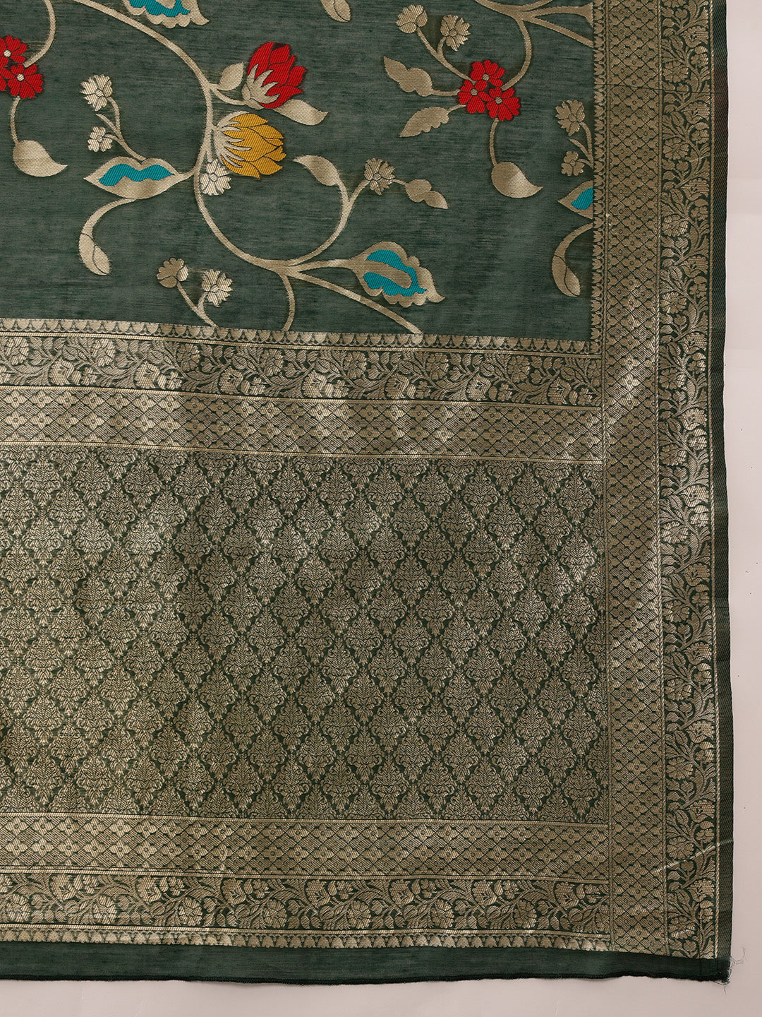 Hiral Fashion Green Jamdani Cotton Floral Woven Thread Saree
