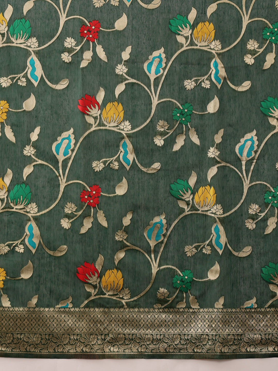 Hiral Fashion Green Jamdani Cotton Floral Woven Thread Saree