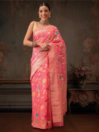 Hiral Fashion Pink Jamdani Cotton Floral Woven Thread Saree