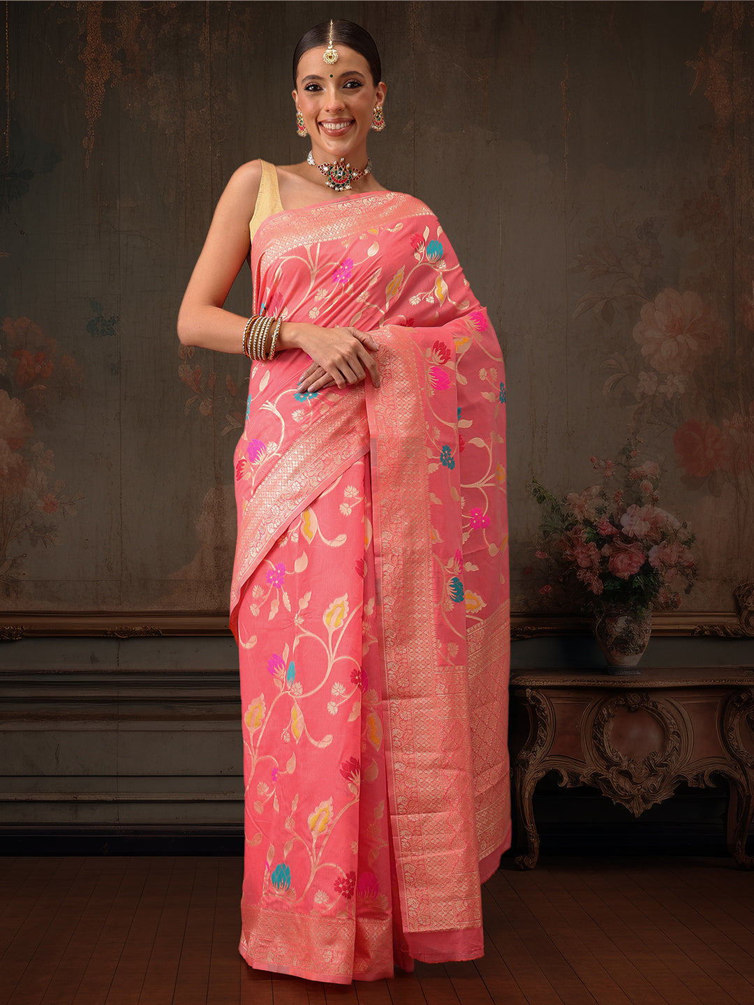 Hiral Fashion Pink Jamdani Cotton Floral Woven Thread Saree
