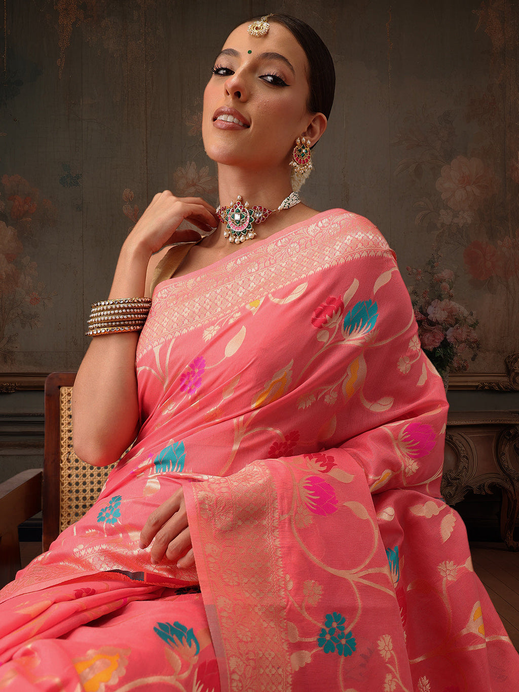 Hiral Fashion Pink Jamdani Cotton Floral Woven Thread Saree