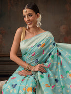 Hiral Fashion Teal Jamdani Cotton Floral Woven Thread Saree