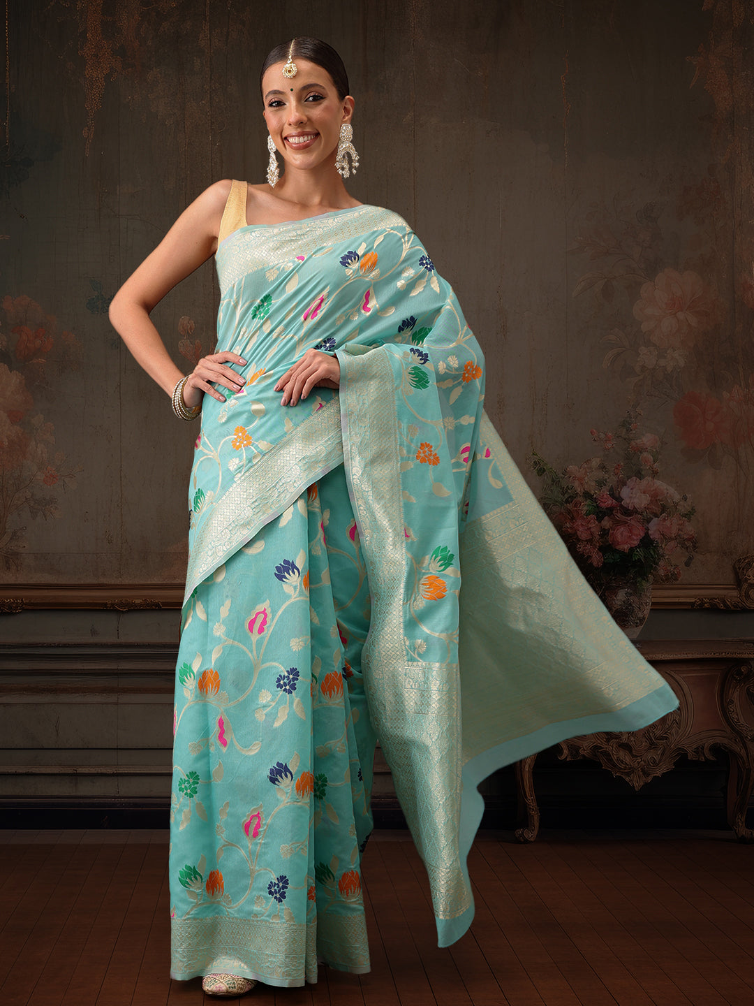 Hiral Fashion Teal Jamdani Cotton Floral Woven Thread Saree