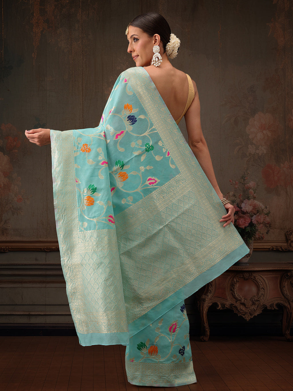 Hiral Fashion Teal Jamdani Cotton Floral Woven Thread Saree
