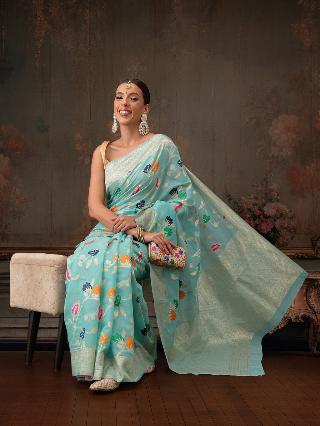 Hiral Fashion Teal Jamdani Cotton Floral Woven Thread Saree