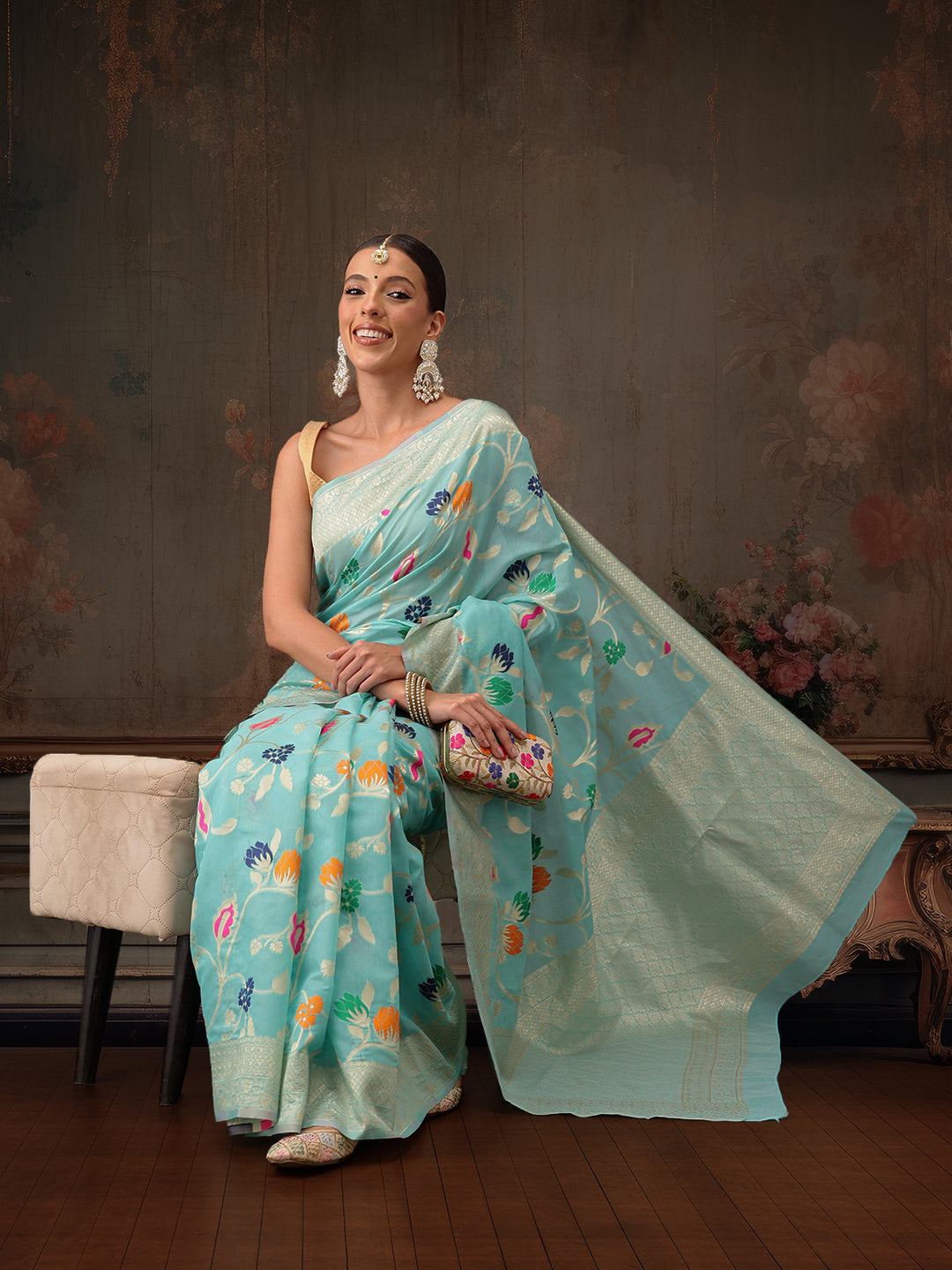 Hiral Fashion Teal Jamdani Cotton Floral Woven Thread Saree