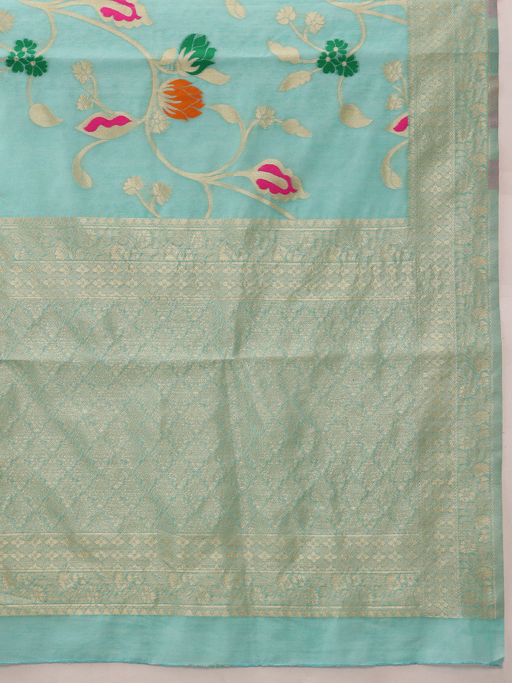 Hiral Fashion Teal Jamdani Cotton Floral Woven Thread Saree