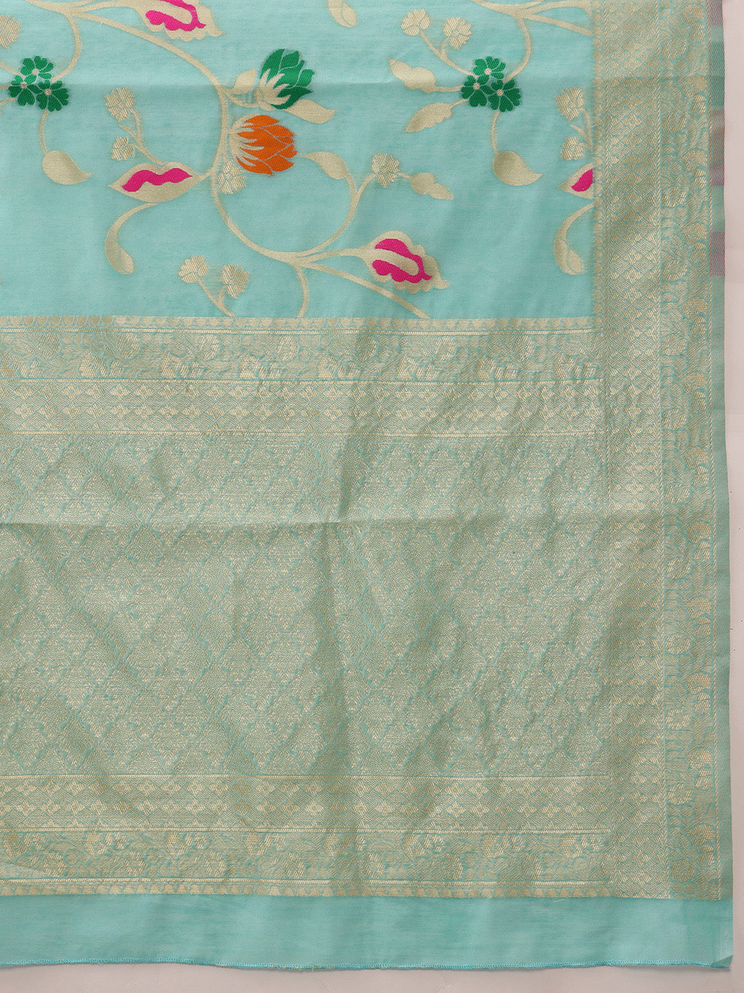 Hiral Fashion Teal Jamdani Cotton Floral Woven Thread Saree