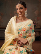 Hiral Fashion Beige Jamdani Cotton Floral Woven Thread Saree