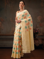 Hiral Fashion Beige Jamdani Cotton Floral Woven Thread Saree