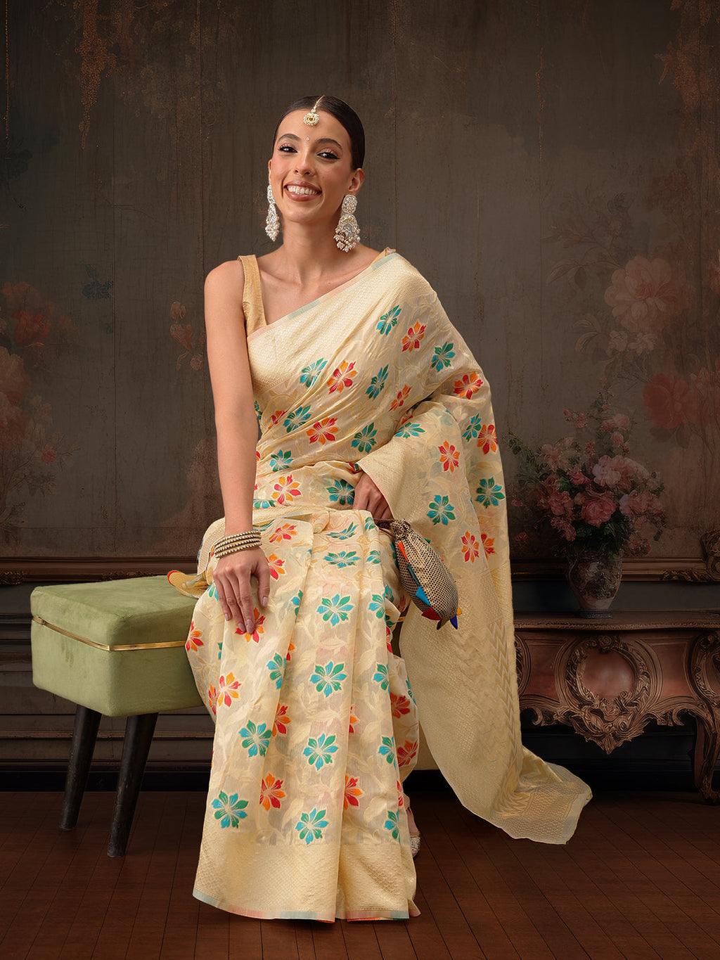 Hiral Fashion Beige Jamdani Cotton Floral Woven Thread Saree