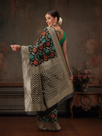 Hiral Fashion Black Jamdani Cotton Floral Woven Thread Saree