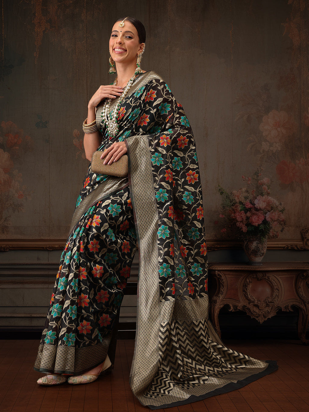 Hiral Fashion Black Jamdani Cotton Floral Woven Thread Saree