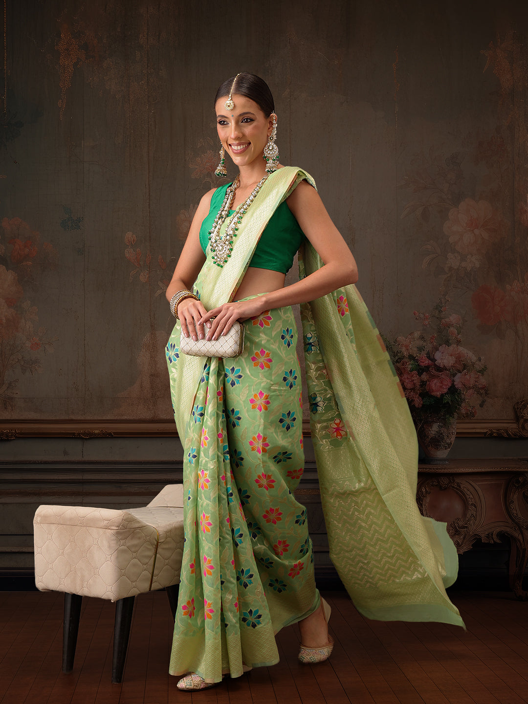 Hiral Fashion Lime Green Jamdani Cotton Floral Woven Thread Saree
