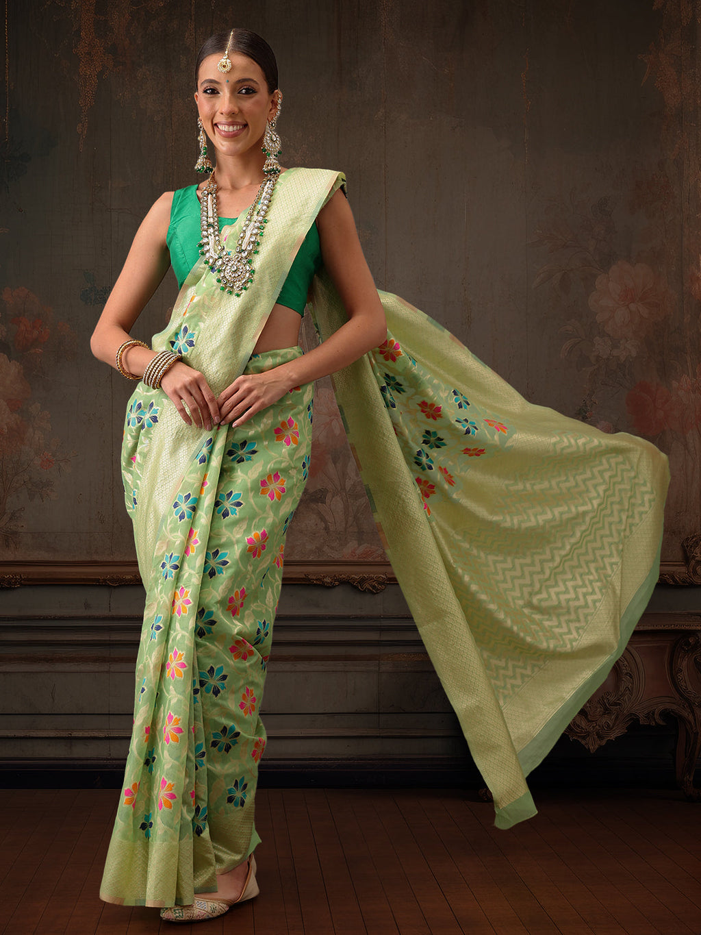 Hiral Fashion Lime Green Jamdani Cotton Floral Woven Thread Saree