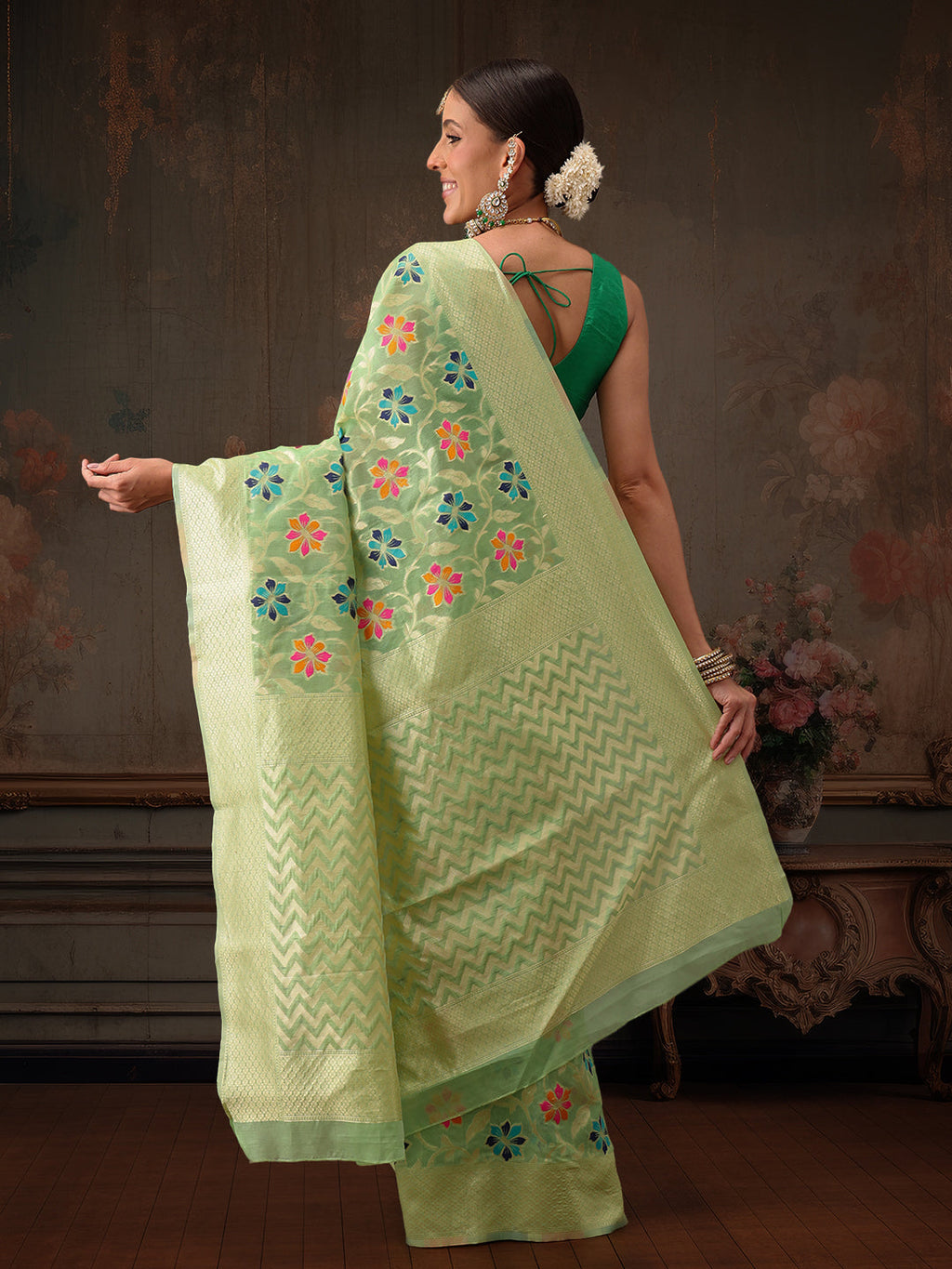 Hiral Fashion Lime Green Jamdani Cotton Floral Woven Thread Saree