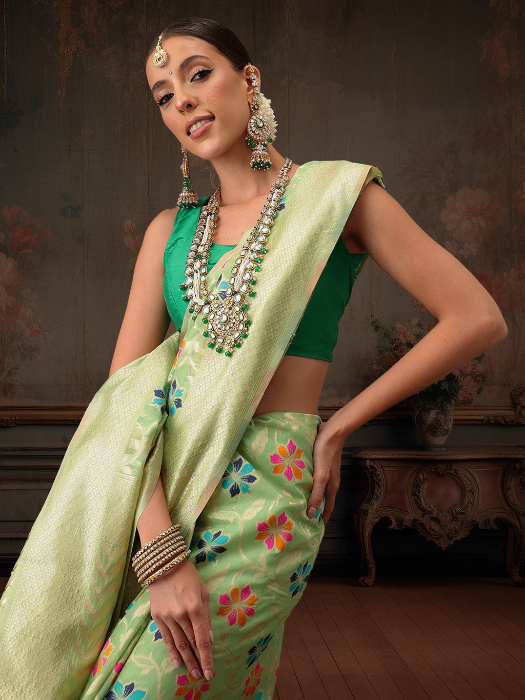 Hiral Fashion Lime Green Jamdani Cotton Floral Woven Thread Saree