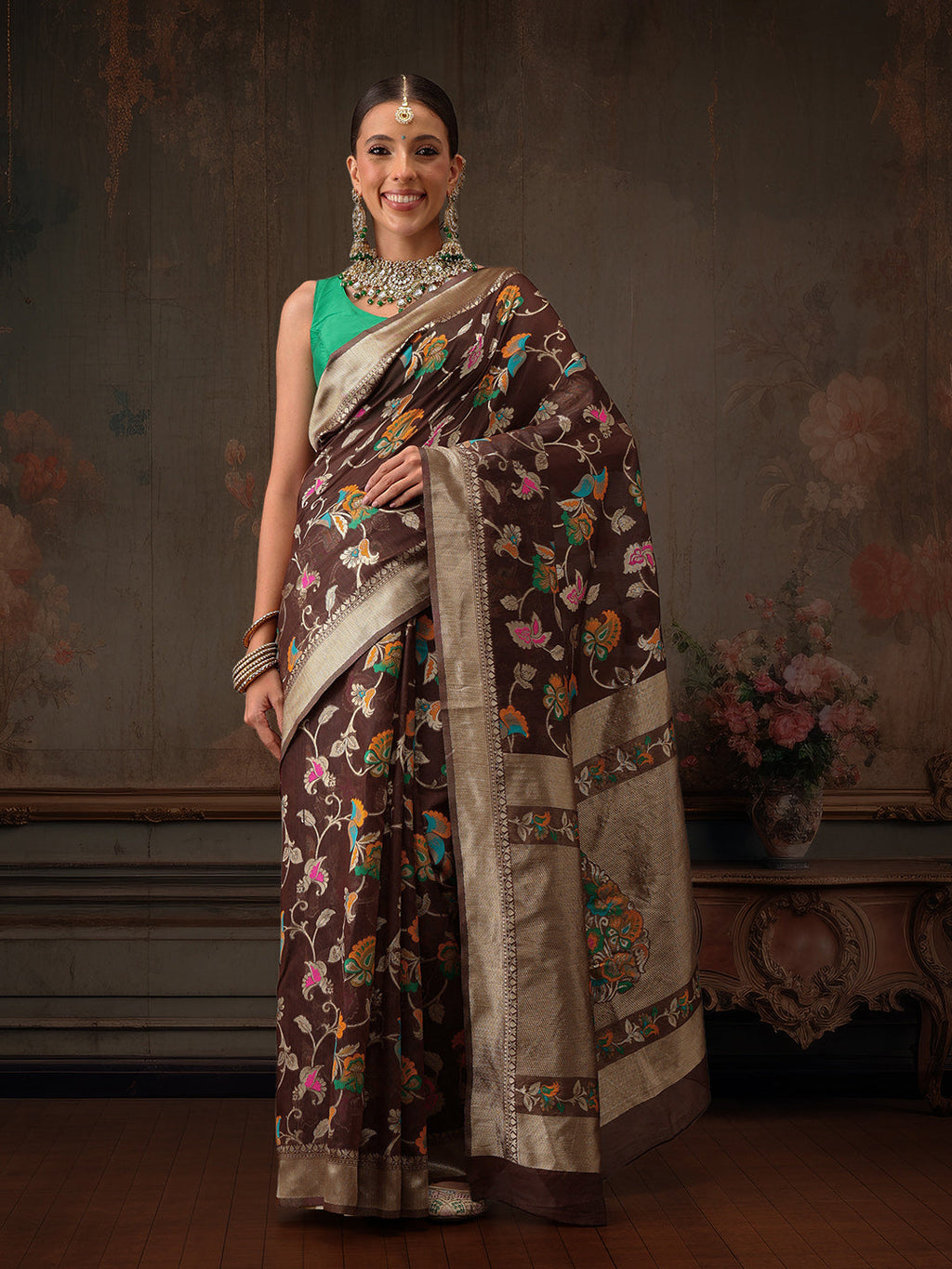 Hiral Fashion Brown Jamdani Cotton Floral Woven Thread Saree
