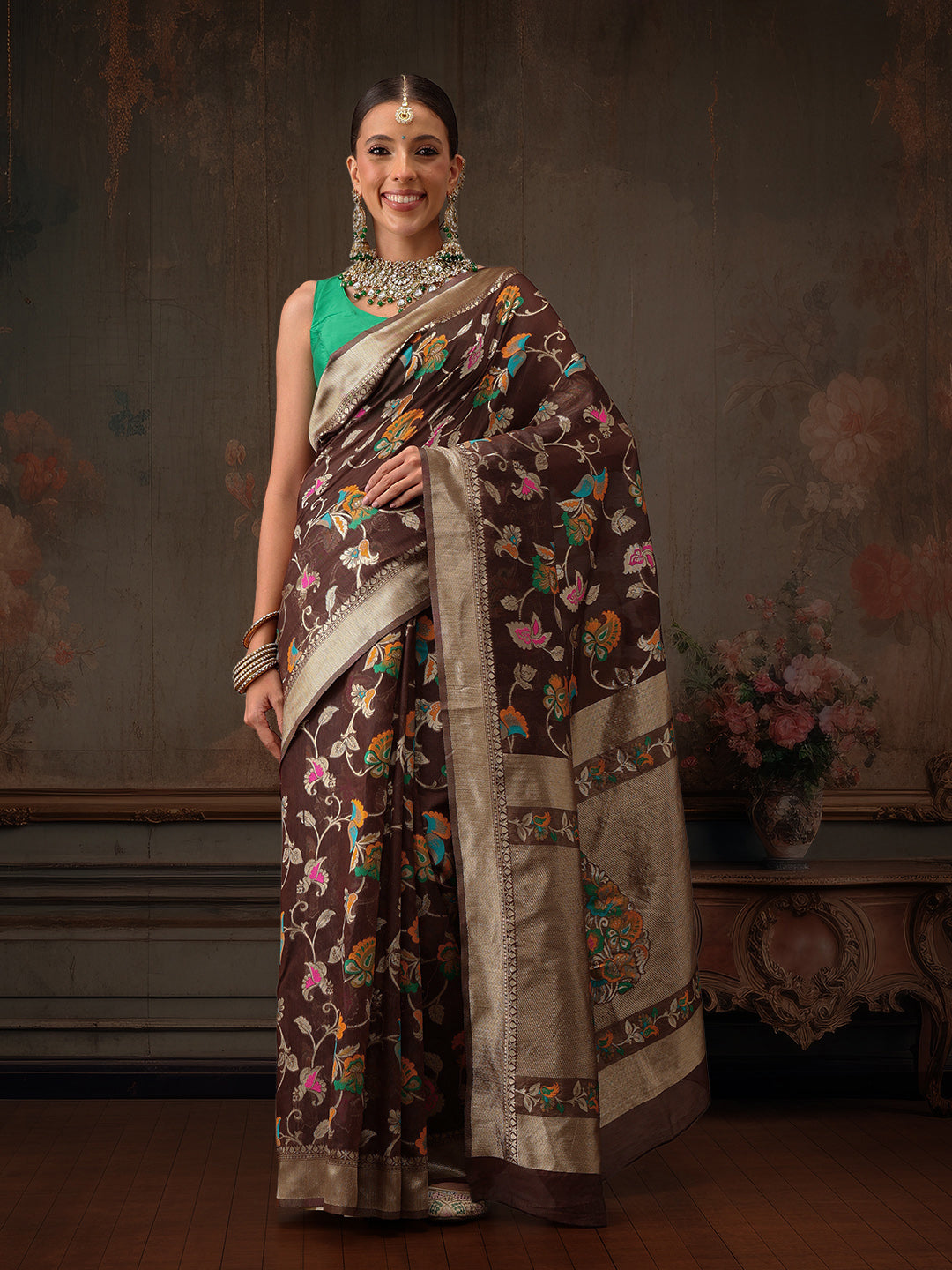 Hiral Fashion Brown Jamdani Cotton Floral Woven Thread Saree