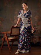 Hiral Fashion Navy Blue Jamdani Cotton Floral Woven Thread Saree