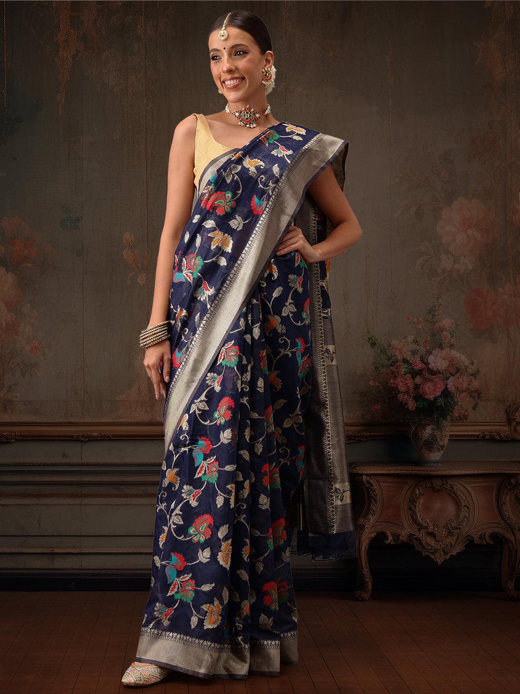 Hiral Fashion Navy Blue Jamdani Cotton Floral Woven Thread Saree