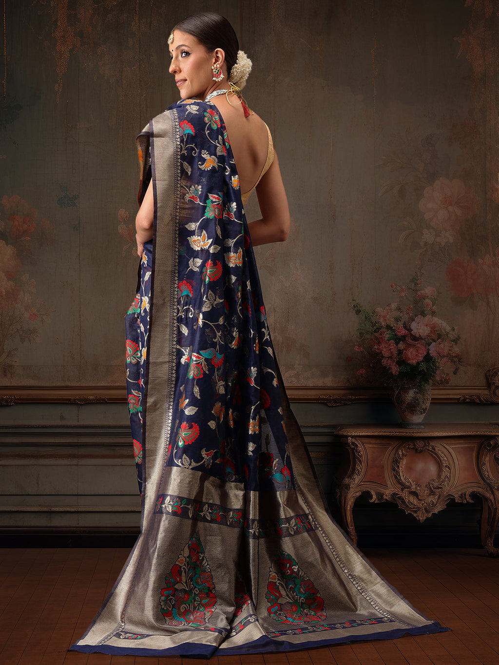 Hiral Fashion Navy Blue Jamdani Cotton Floral Woven Thread Saree