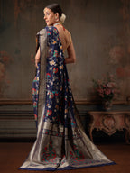 Hiral Fashion Navy Blue Jamdani Cotton Floral Woven Thread Saree