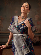 Hiral Fashion Navy Blue Jamdani Cotton Floral Woven Thread Saree