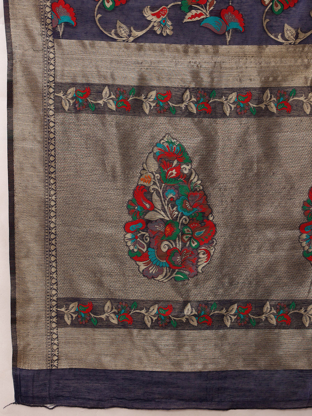 Hiral Fashion Navy Blue Jamdani Cotton Floral Woven Thread Saree