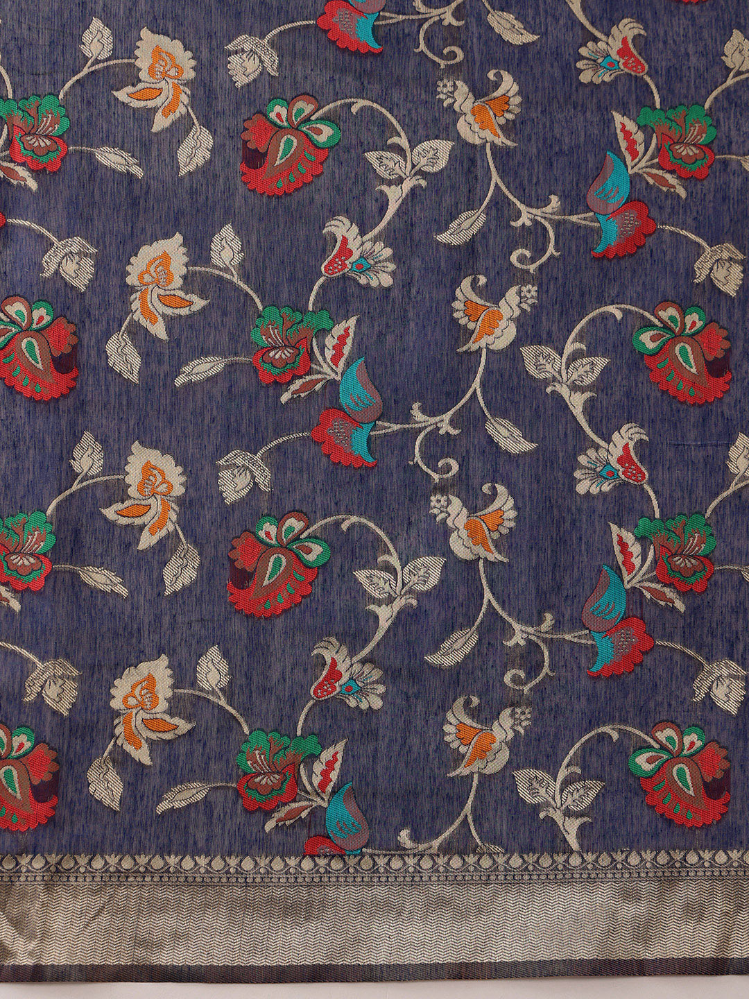 Hiral Fashion Navy Blue Jamdani Cotton Floral Woven Thread Saree