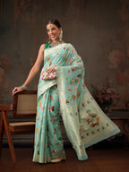Hiral Fashion Teal Jamdani Cotton Floral Woven Thread Saree