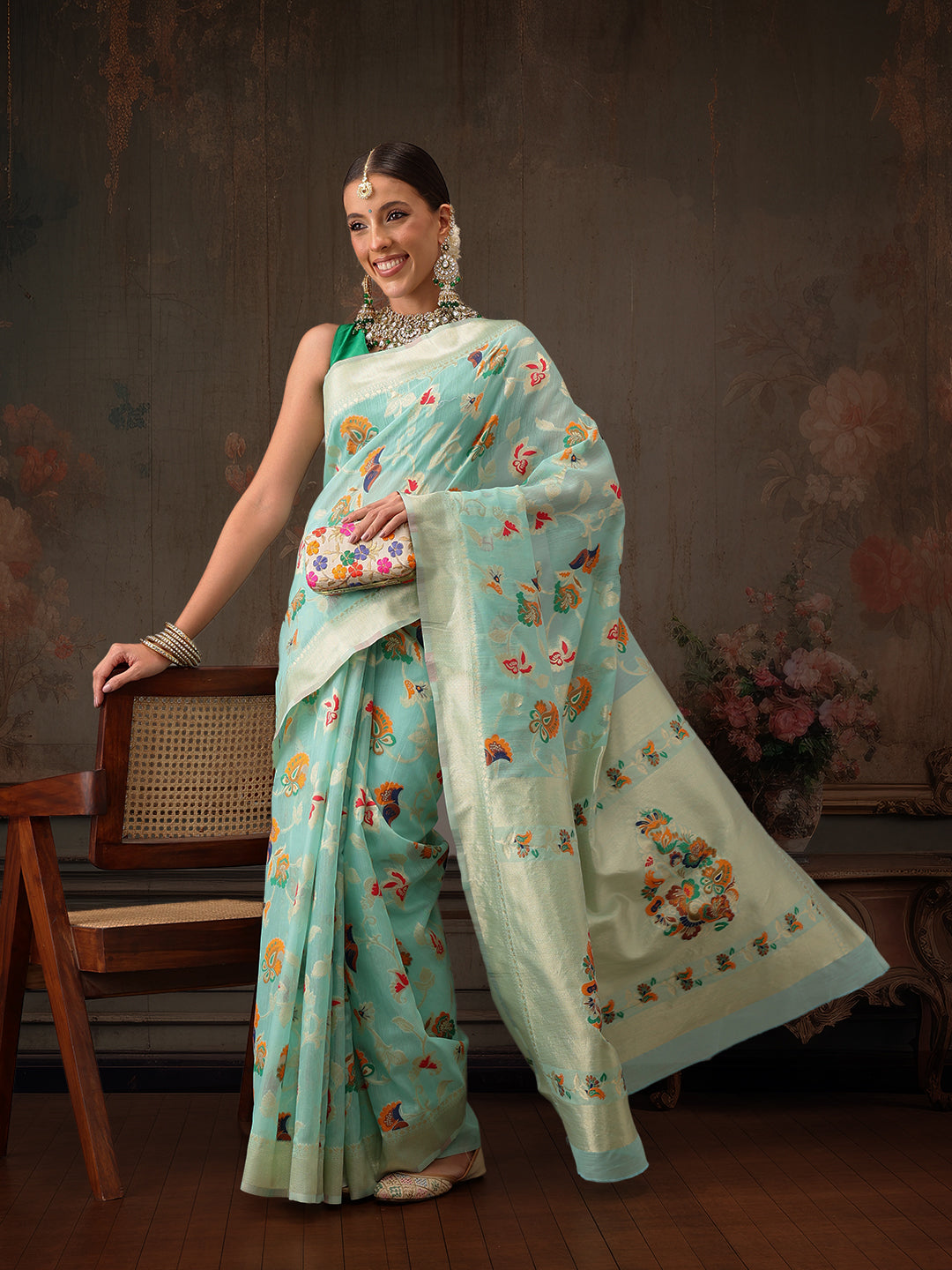 Hiral Fashion Teal Jamdani Cotton Floral Woven Thread Saree