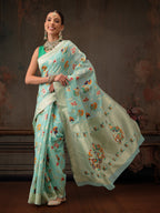 Hiral Fashion Teal Jamdani Cotton Floral Woven Thread Saree