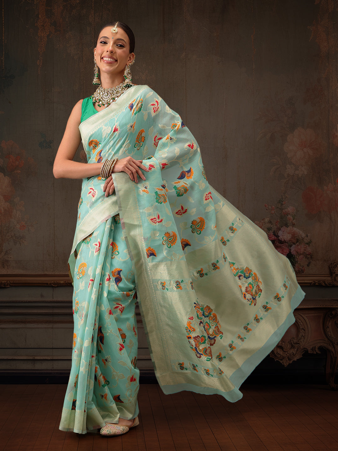 Hiral Fashion Teal Jamdani Cotton Floral Woven Thread Saree