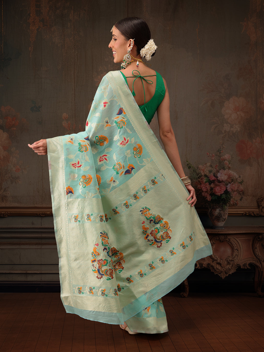 Hiral Fashion Teal Jamdani Cotton Floral Woven Thread Saree