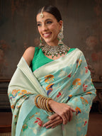 Hiral Fashion Teal Jamdani Cotton Floral Woven Thread Saree