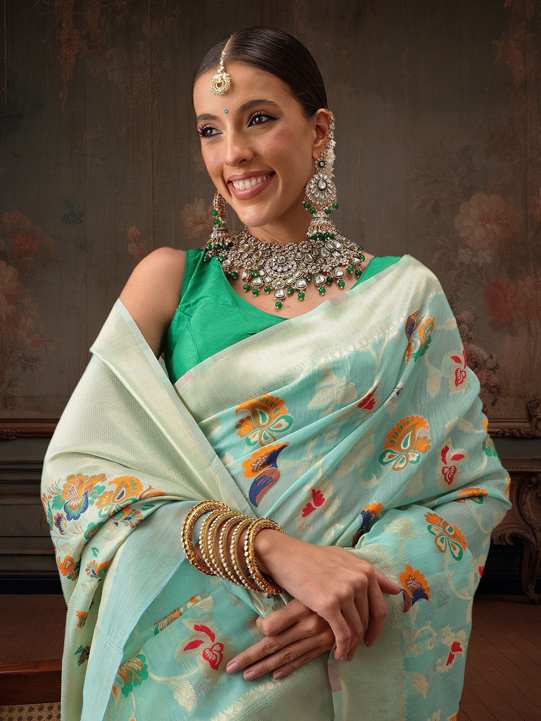 Hiral Fashion Teal Jamdani Cotton Floral Woven Thread Saree