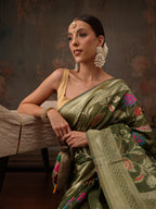 Hiral Fashion Green Jamdani Cotton Floral Woven Thread Saree