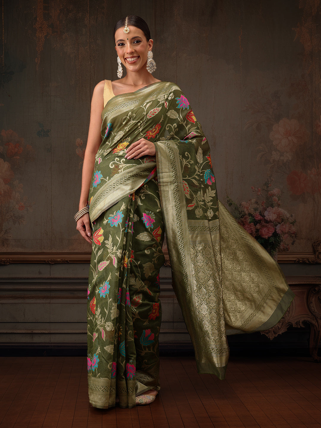 Hiral Fashion Green Jamdani Cotton Floral Woven Thread Saree