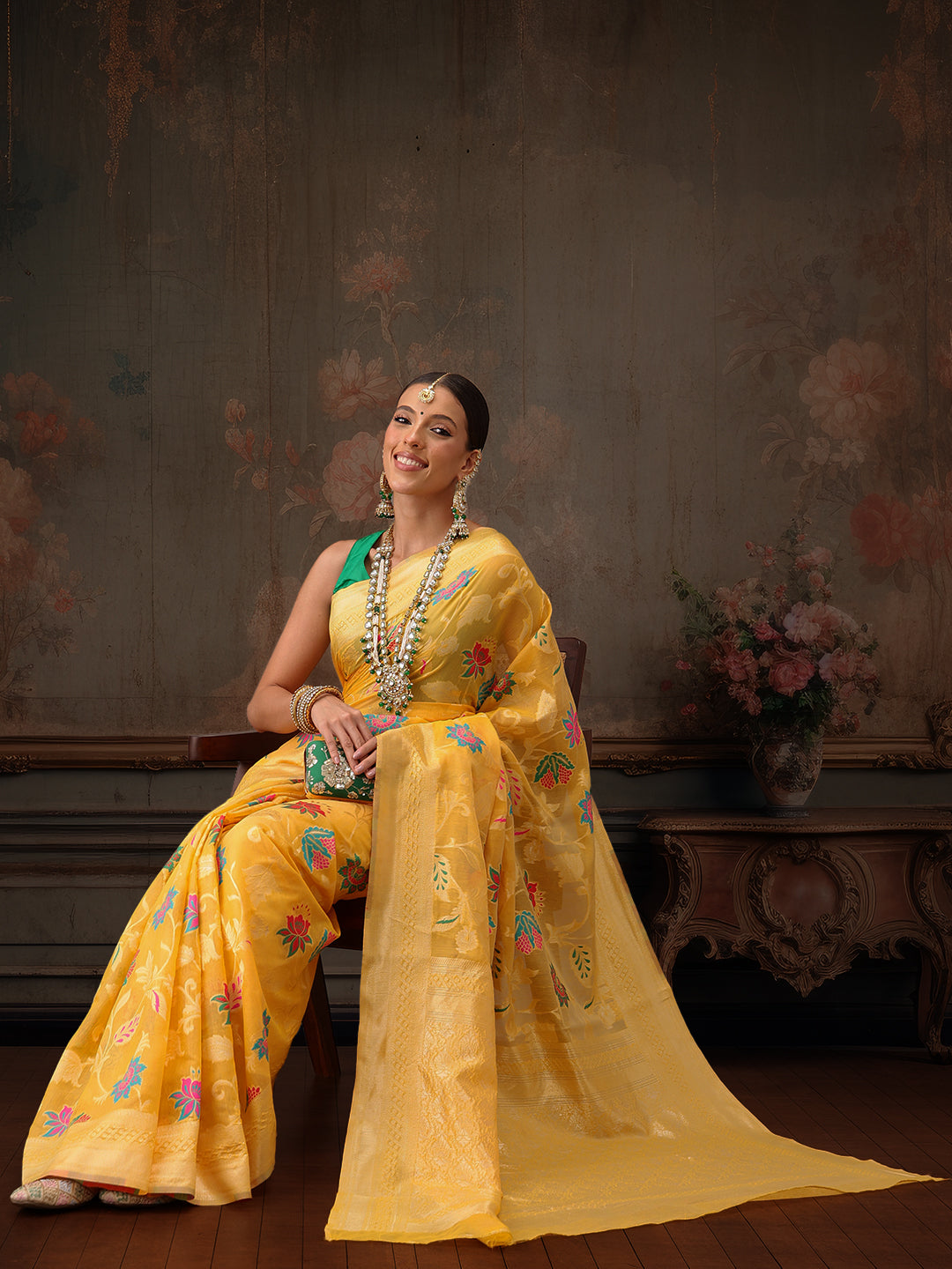 Hiral Fashion Mustard Jamdani Cotton Floral Woven Thread Saree