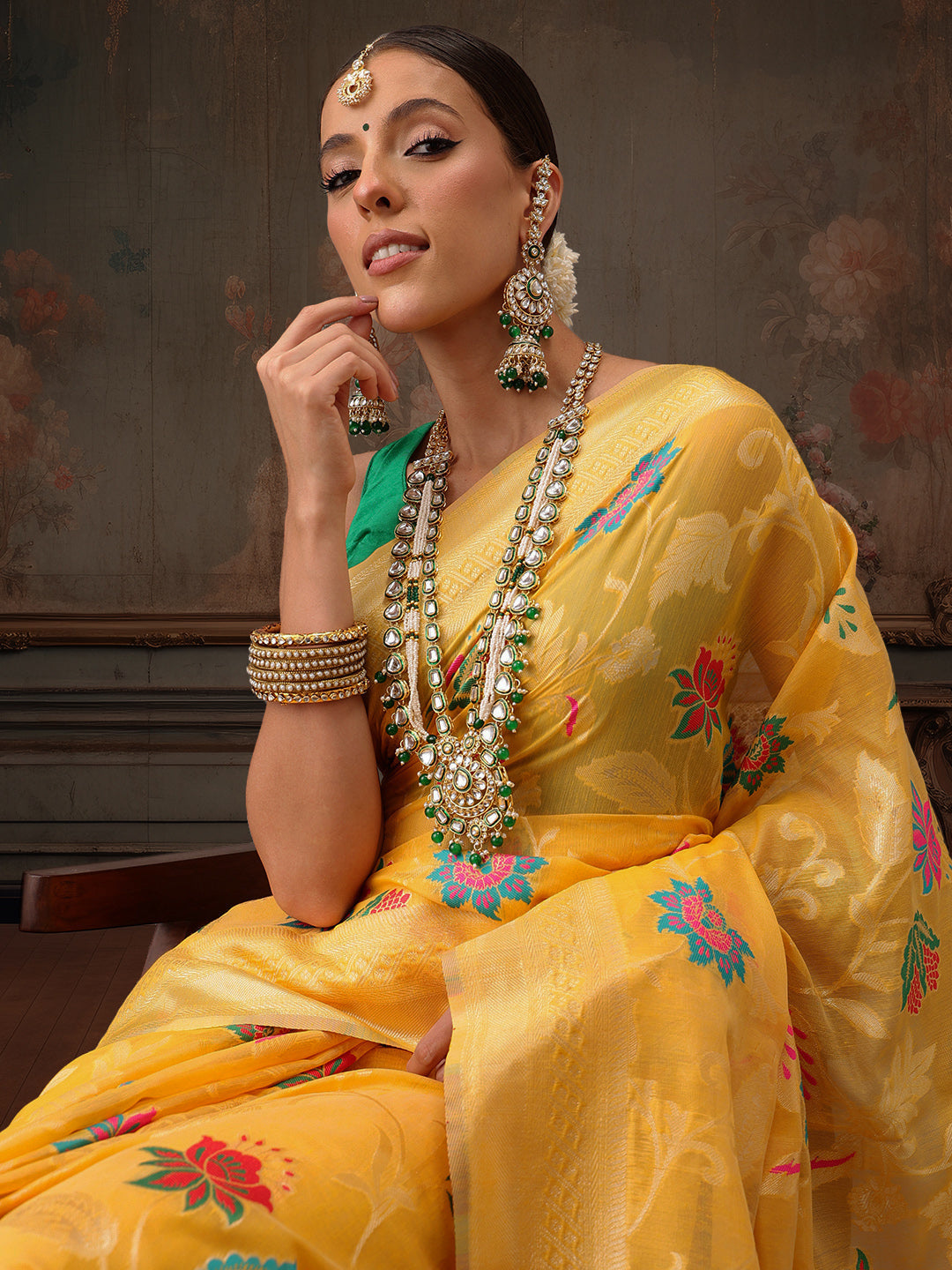 Hiral Fashion Mustard Jamdani Cotton Floral Woven Thread Saree